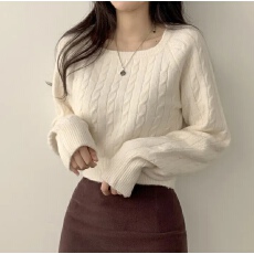 批发实货 韩国chic秋<b class='q'>冬</b>方领针织衫女百搭复古麻花纯色毛衣