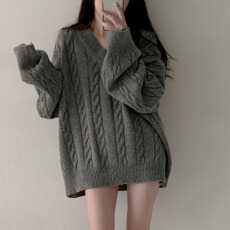 批发实货 韩国chic<b class='q'>毛衣</b>设计感前麻花后坑条简约百搭V领针织上衣