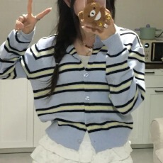 批发现有货  <b class='q'>韩国</b>chic秋季新款撞色条纹圆领系扣温柔针织开衫