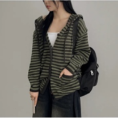 批发<b class='q'>韩国</b>chic撞色条纹慵懒风连帽单排扣针织开衫秋冬毛衣外套