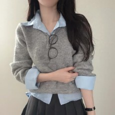 批发已出货   韩国了chic秋冬毛衣设计感<b class='q'>衬衣</b>假两件叠穿长袖毛针织衫