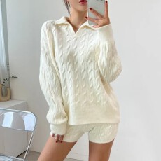 批发已出货   韩国chic冬季新款慵懒风POLO领套头毛衣+休闲<b class='q'>短</b>裤套装女