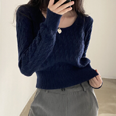 批发实货 韩国chic早春方领针织衫女百搭复古麻花纯色毛衣