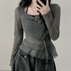 批发已出货 <b class='q'>韩国</b>chic春夏假两件系带挂脖罩衫T恤女甜美气质上衣