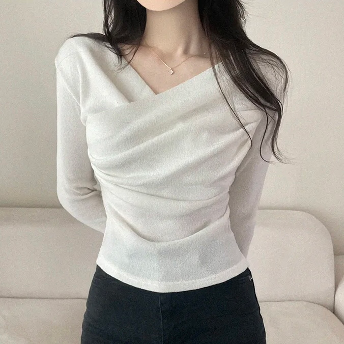있음 선적 한국 chic 봄 고급 센스 품격 흔들다 칼라 긴팔 디자인 센스 몸매 가꾸기 니트 맨위