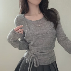 批发新款已出货 韩国chic春季甜美<b class='q'>假两件</b>绑带<b class='q'>针织衫</b>薄款气质百搭上衣