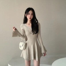 批发已出货韩国chic高级感喇叭长袖气质针织裙温柔风v领收腰A字<b class='q'>连衣裙</b>