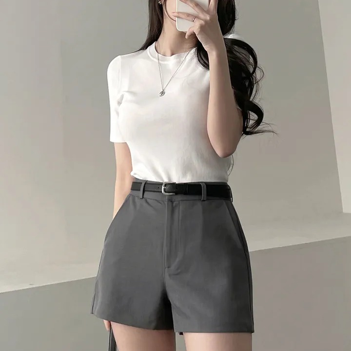 있음 선적 한국 chic 여름 미니멀리즘 다용도 맨위 단색 반팔 티셔츠 여성