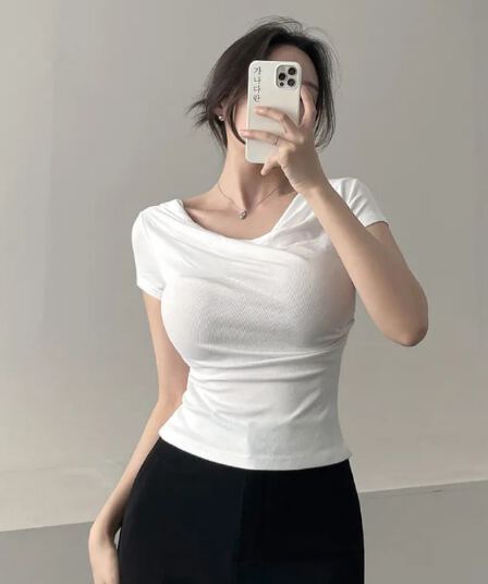 있음 선적 한국 chic 오프숄더 흔들다 칼라 고급 센스 단색 반팔 티셔츠 여성 기타 착용 법 맨위