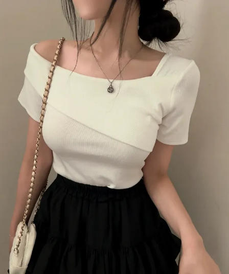 있음 선적 한국 chic 몸매 가꾸기 품격 슬림해 보이는 비스듬한 어깨 단색 여름 단색 맨위