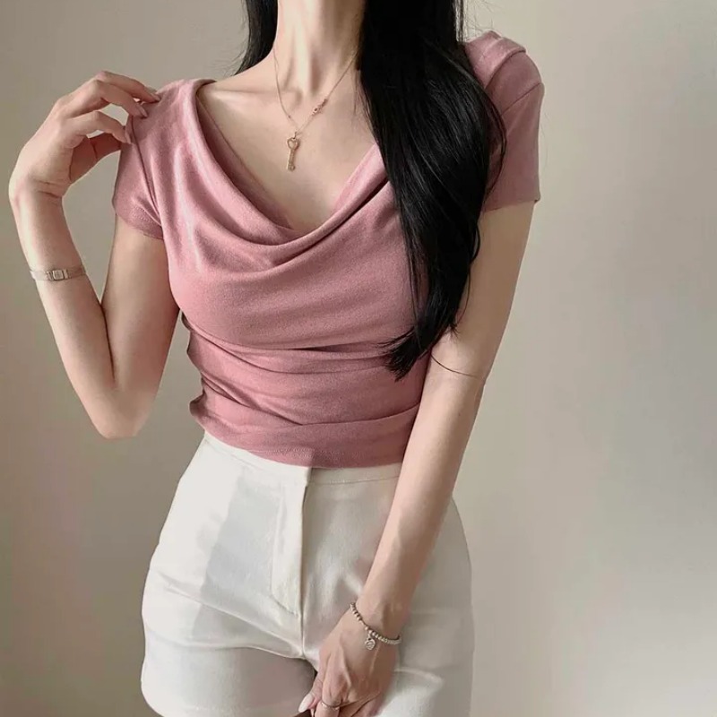 있음 선적 한국 chic 여름 오프숄더 흔들다 칼라 기타 착용 법 다용도 단색 허리 수축 슬림해 보이는 티셔츠 맨위