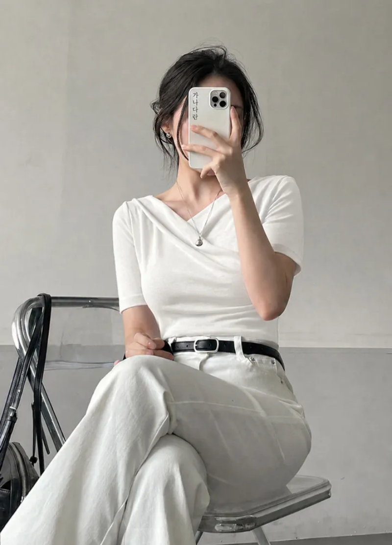 있음 선적 한국 chic 오프숄더 흔들다 칼라 고급 센스 단색 반팔 티셔츠 여성 기타 착용 법 맨위