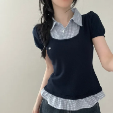 批发已出货 韩国chic夏季新款<b class='q'>假两件</b>针织衫拼接<b class='q'>衬衫</b>格子上衣