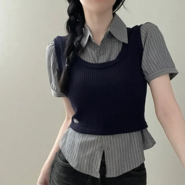 있음 선적 한국 chic 디자인 센스 페이크 레이어드 스택 착용 패치워크 셔츠 POLO 칼라 외국 가스 연령 감소 맨위