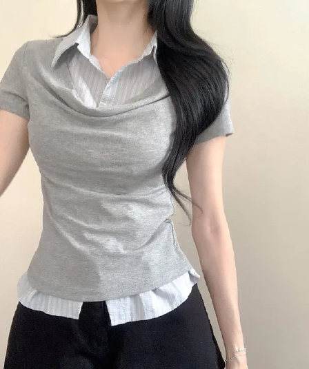 있음 선적 한국 chic 여름 빛 럭셔리 여성 의류 POLO 칼라 페이크 레이어드 패치워크 셔츠 반팔 티셔츠