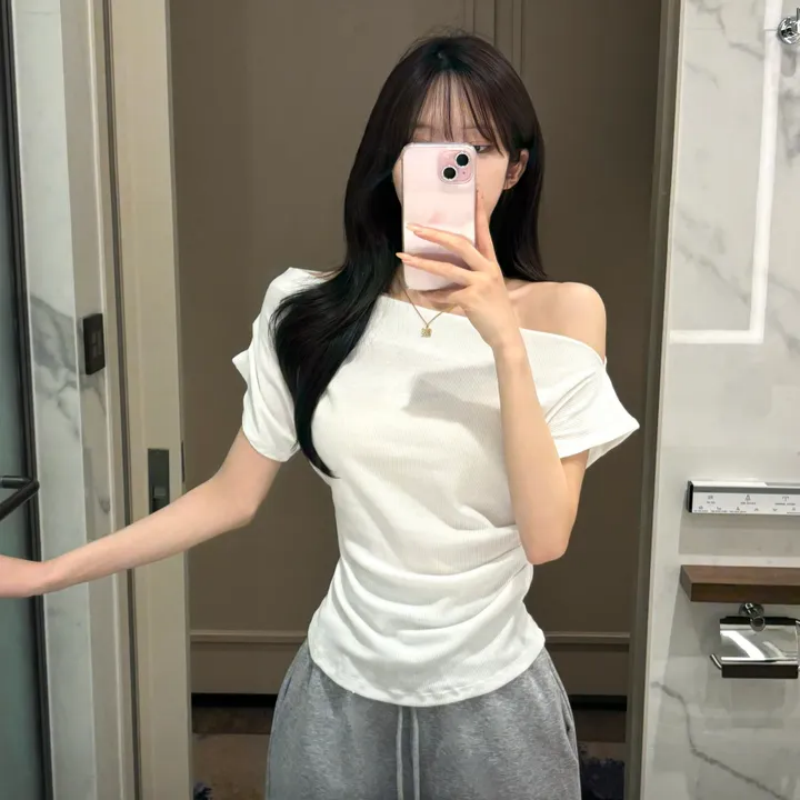 있음 선적 한국 chic 여름 한 단어 오프숄더 몸매 가꾸기 패션 다용도 단색 허리 수축 비스듬한 어깨 반팔 티셔츠 여성