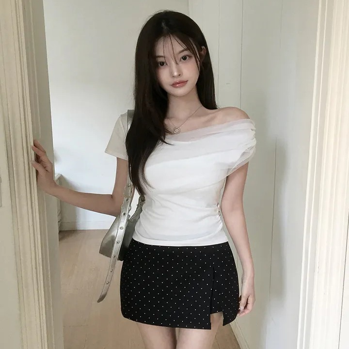 있음 선적 한국 chic 여름 반팔 망사 패치워크 티셔츠 주름 허리 수축 몸매 가꾸기 슬림해 보이는 패션 화이트 맨위
