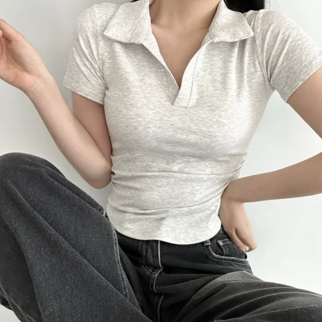 지금 재고 있음 한국 chic 여름 허리 수축 주름 반팔 티셔츠 여성 몸매 가꾸기 다용도 POLO 칼라 맨위