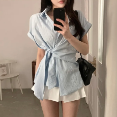 批发已出货 <b class='q'>韩国</b>chic夏季设计感衬衫气质收腰绑带polo领<b class='q'>短袖</b>上衣