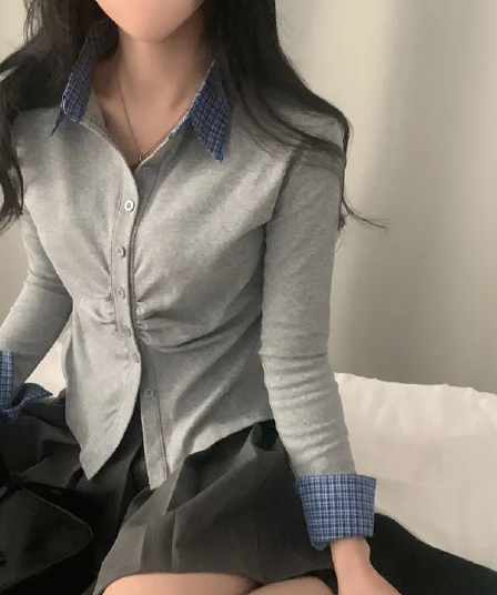 있음 선적 한국 chic 이른 가을 새로운 패치워크 배색 체크무늬 POLO 칼라 긴팔 오픈 가디건