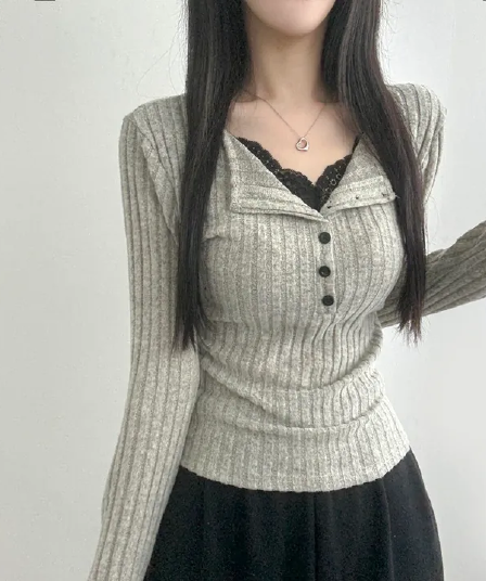 있음 선적 한국 chic 이른 가을 페이크 레이어드 V넥 패치워크 레이스 몸매 가꾸기 슬림해 보이는 긴팔 다용도 맨위