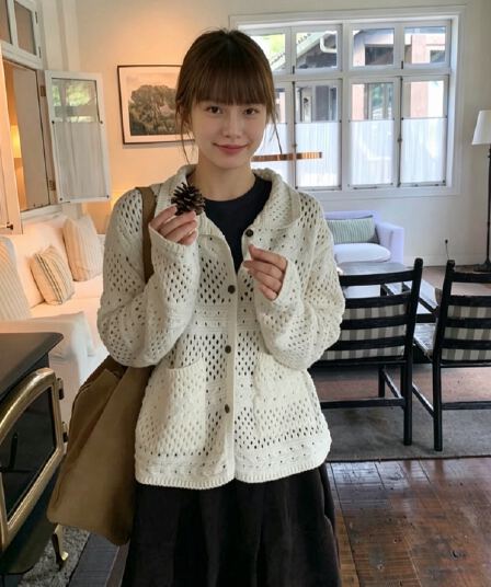 지금 재고 있음 한국 chic 니트 홀로우 아웃 재킷 오래된 돈 바람 레트로 다용도 폴로 칼라 스웨터 오픈 가디건 여성