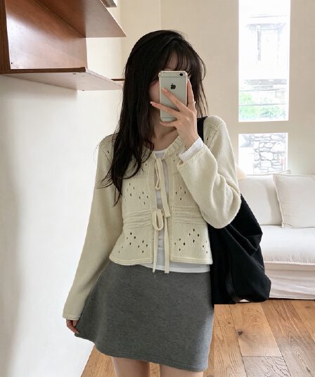 있음 선적 한국 chic 가을 새로운 달콤함 홀로우 아웃 레이스업 나비 매듭 오픈 가디건 다용도 슬림해 보이는 니트 재킷