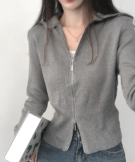 있음 선적 한국 chic 가을 패션 폴로 칼라 긴팔 더블 머리 지퍼 니트 오픈 가디건
