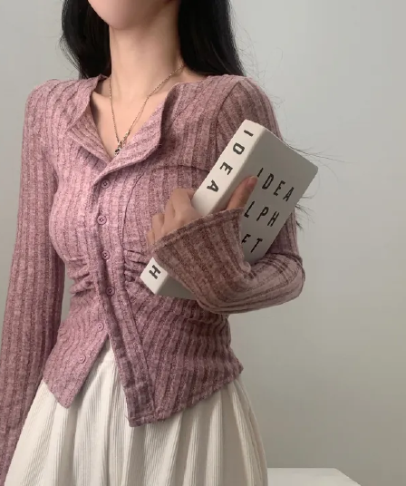 지금 재고 있음 한국 chic 가을 오픈 가디건 몸매 가꾸기 슬림해 보이는 품격 단추 긴팔 맨위