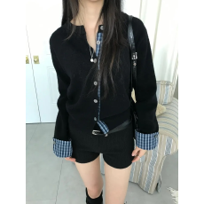 批发已出货  撞色格子拼接设计感长袖针织开衫秋季圆领单排扣外套上衣