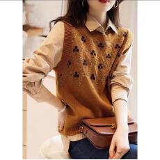 批发の笑涵阁艺术感菱格小花图案时髦羊毛羊绒<b class='q'>背心</b>宽松 ZZO664925AG