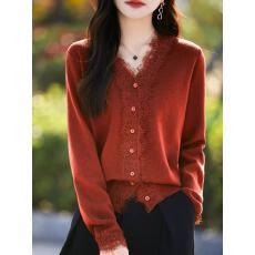批发V领蕾丝花边红色针织开衫女秋装2025年新款洋气妈妈<b class='q'>上衣</b>毛衣外套