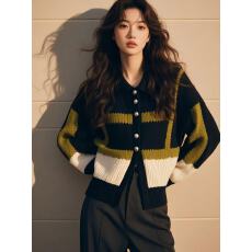 批发2025新款毛衣复古撞色设计感圆领小香风长袖针织开衫上衣