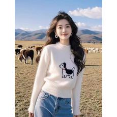 批发韩系趣味小狗印花长袖针织衫女2025冬季新款时尚短款显瘦白色上衣