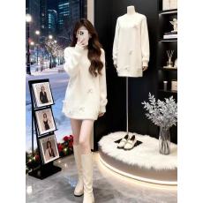 批发白色蝴蝶结毛衣连衣裙女秋冬季外穿宽松慵懒风中<b class='q'>长款</b>打底针织短裙