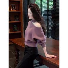 批发韩系氛围感紫色挂脖露肩针织2026春季新年轻熟风洋气减龄短款<b class='q'>毛衣</b>