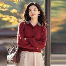 批发2026新款新年好看翻领上衣软糯设计感红色针织开衫女