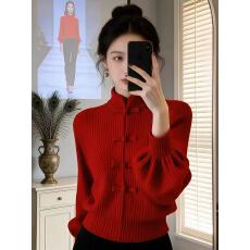 批发新中式立领盘扣长袖针织衫女2026新款秋冬内搭红色毛衣女短款上衣