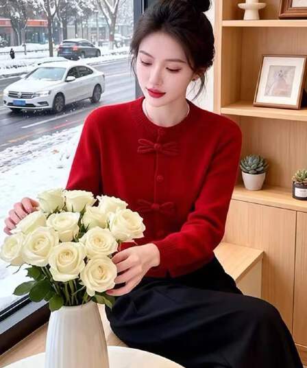 띠띠해 품격 신년 축제 빨간색 단추 니트 스웨터 여성 의류 2026 봄 새로운 캐주얼 다용도 스웨터