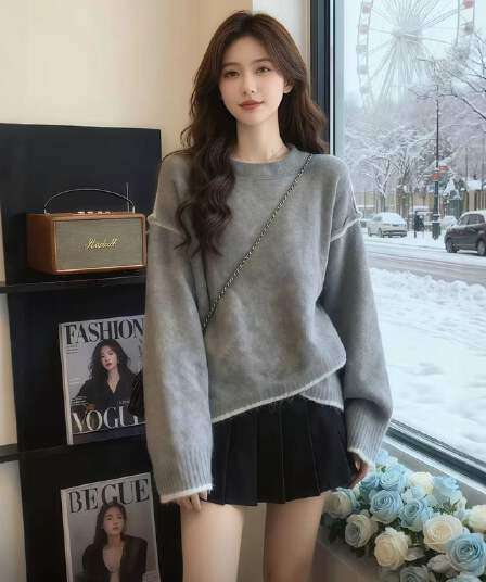 회색 불규칙 니트 스웨터 여자 2026 봄 새로운 수 있습니다. 외출용 인사이드 가져 가라. 디자인 센스 작은 대중 맨위
