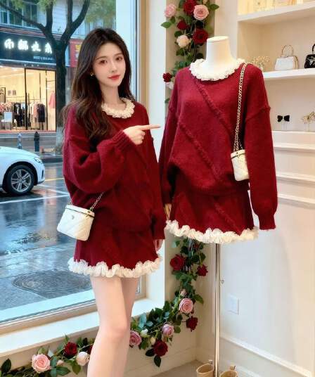 레이스 레이스 달콤함 스웨터 세트 2026 신년 새로운 두꺼운 느긋한 패션 캐주얼 미니 스커트 두 조각