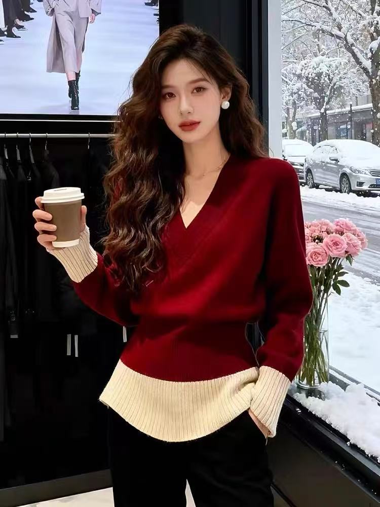 작은 샤넬 스타일 V넥 스웨터 여자 2026 새로운 가을 겨울 인사이드 가져 가라. 허리 수축 긴팔 니트 스웨터 자이언트 잘 생긴 ~ 중 작은
