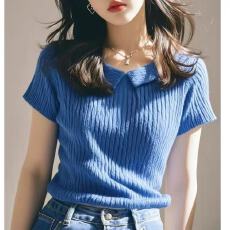 批发韩系chic复古风蓝色Polo领针织正肩短袖T恤女夏季款简约显瘦小衫