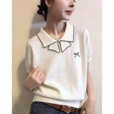 批发2026春夏季新款甜美小翻领薄针织T恤衫女撞色蝴蝶结上衣