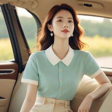 批发绿色正肩短袖T恤女2026<b class='q'>夏</b>季新款高级感小众别致上衣时尚漂亮小衫