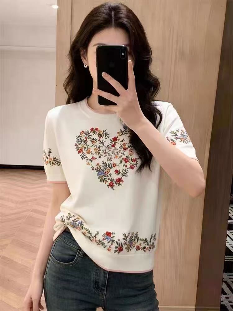 RY1171# 法式爱心碎花短袖针织衫女2026夏季新款圆领百搭高级感休闲...