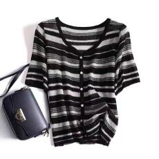 批发2026新款夏季轻薄透气冰麻<b class='q'>针织衫</b><b class='q'>韩版</b>减龄百搭条纹短袖型t恤上衣