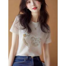 批发白色印花短袖T恤女2026<b class='q'>夏</b>季新款简约百搭正肩体恤独特设计感