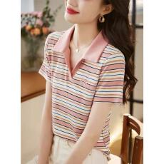 批发2026<b class='q'>夏</b>季新款短袖条纹T恤时尚polo领宽松显瘦冰丝上衣