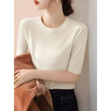 批发2026新款极简风圆领中袖针织衫女修身显瘦百搭高级感内搭薄款上衣